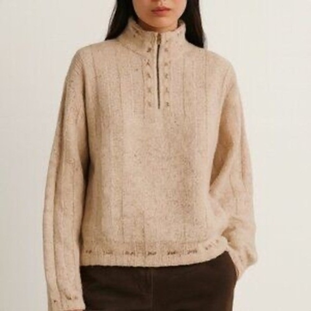 Woolrich Quarter Zip Sweater Womens‎ Sz S Wool Ramie Oatmeal Ribbed Neutral Ecru